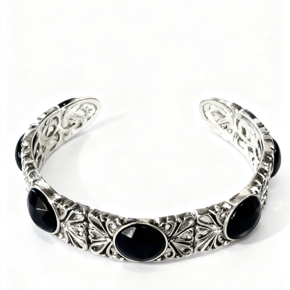 Silver-Tone Cuff Bracelet with Black Gem Accents